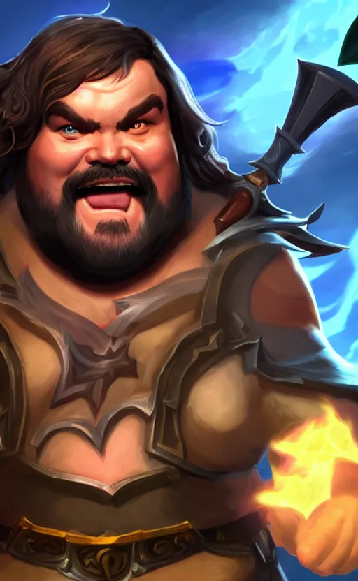 Image similar to Jack Black as a character in the game League of Legends, with a background based on the game League of Legends, detailed face, old 3d graphics