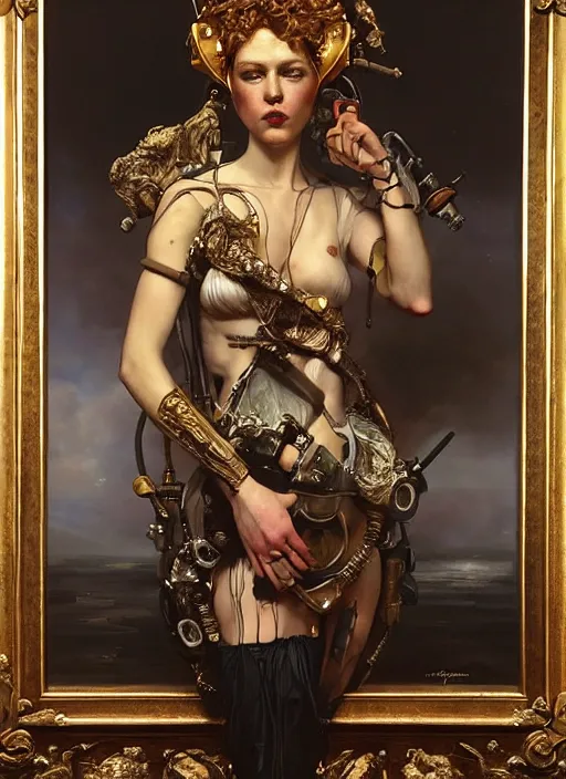 Image similar to highly detailed oil painting | very intricate | cinematic lighting | award - winning | portrait of the goddess of cyberpunk dressed by alexander mcqueen | by roberto ferri, by tom bagshaw, by j. c. leyendecker and klimt, american romanticism, by austin osman spare, artstation, cgsociety, official art, octane