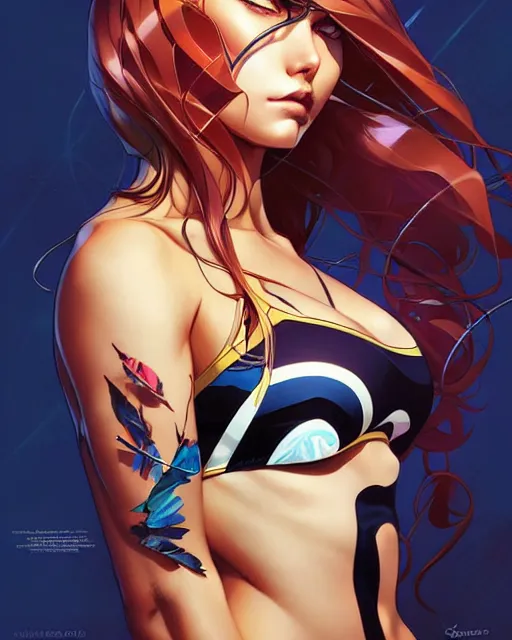 Image similar to artgerm, joshua middleton and sandra chevrier comic cover art, prettyanime girl in bikini, symmetrical eyes, scales, beautiful, rim lighting, vivid colors