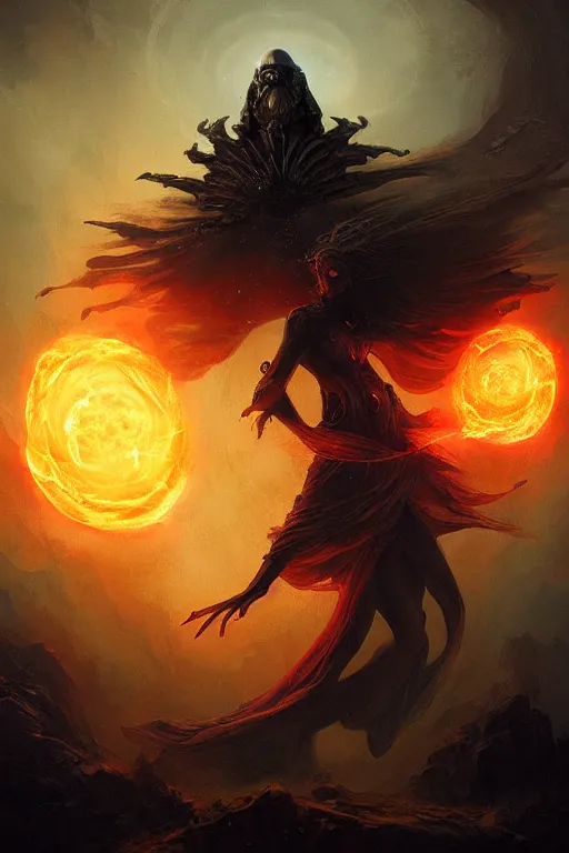 Image similar to Black Orb of Fire, digital art, fantasy, magic, trending on artstation, illustration by Seb McKinnon and Peter Mohrbacher, ultra detailed, atmospheric