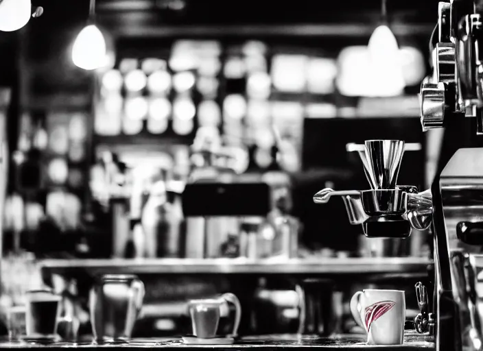 Image similar to a 2 8 mm macro photo from the back of a barista standing at the espresso machine in a cozy cafe, splash art, movie still, bokeh, canon 5 0 mm, cinematic lighting, dramatic, film, photography, golden hour, depth of field, award - winning, anamorphic lens flare, 8 k, hyper detailed, 3 5 mm film grain, hazy