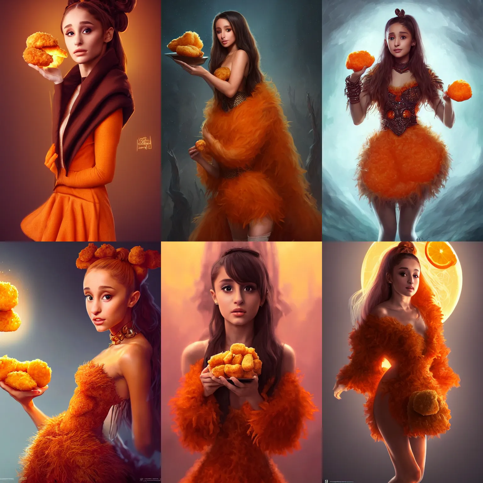 Prompt: ultrarealistic fantasy portrait mage ariana grande eating a chicken nugget, orange dress made out of chicken nuggets chicken nugget mantle gothic chicken nugget cloak with intricate details, fantasy character octane render, cinematic lighting, volumetric lighting, artstation, dnd art, cgsociety, sharp focus, digital painting by artgerm, gerald brom, wlop