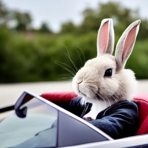 Image similar to a cute bunny driving a convertible, studio photo, high quality