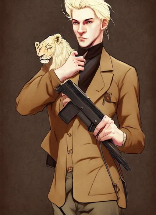 Image similar to aesthetic portrait commission of a of a male fully furry muscular anthro albino lion holding a glock close to his head wearing attractive brown and black cotton detectives outfit in vintage 1900's London city, sepia filter. Character design by charlie bowater, ross tran, artgerm, and makoto shinkai, detailed, inked, western comic book art, award winning film poster painting