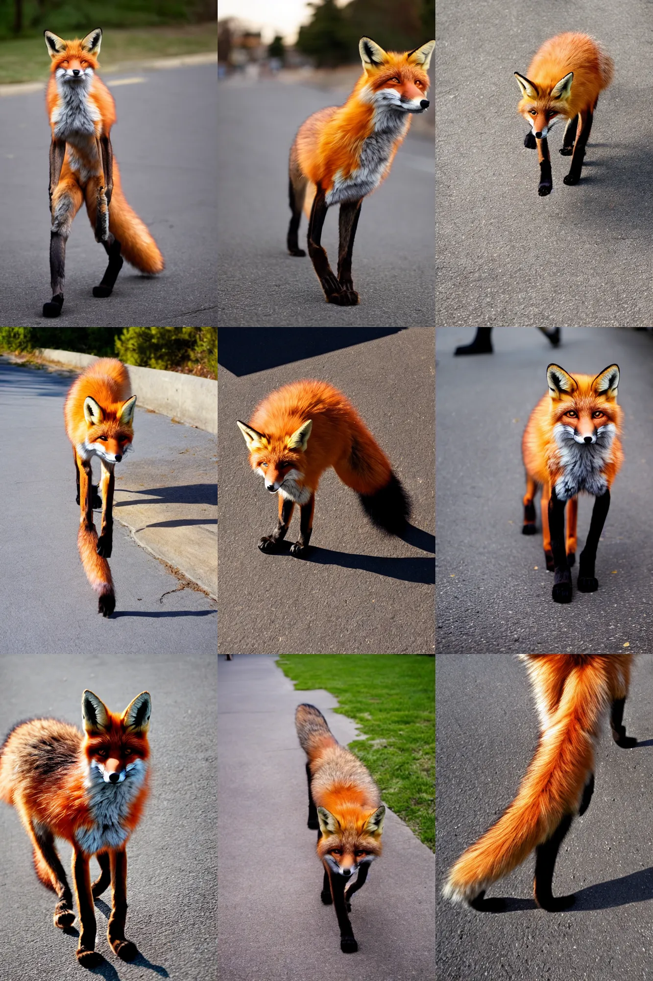 Prompt: anthro digitigrade natural - colored fox person with black paws, walking upright along the sidewalk