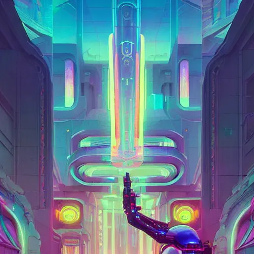 Image similar to street view of a cybernetic temple, vaporwave aesthetic, colorful, psychedelic, digital painting, artstation, concept art, smooth, sharp focus, illustration, art by artgerm and greg rutkowski and alphonse mucha