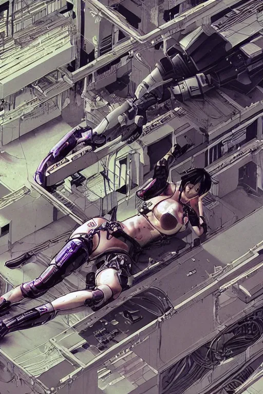 Image similar to a hyper-detailed cyberpunk illustration motoko kusanagi lying body open over an empty floor, with a mess of cables and wires coming out, by masamune shirow and katsuhiro otomo