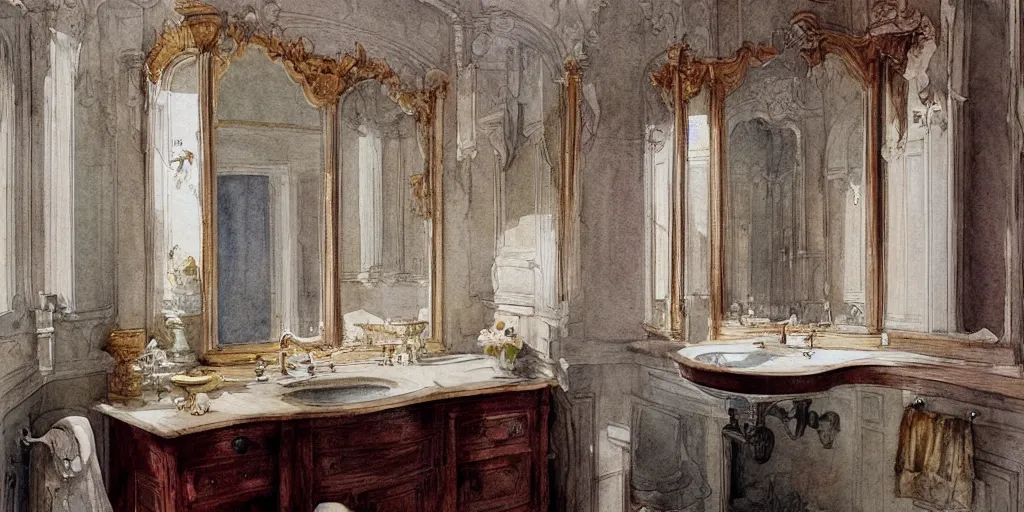 Prompt: a hiper intricate watercolor of a beatiful bathroom with mirror, extremely detailed, elegant, sharp focus, wide view, smooth, digital illustration, colorfull, by william turner art, by greg rutowski