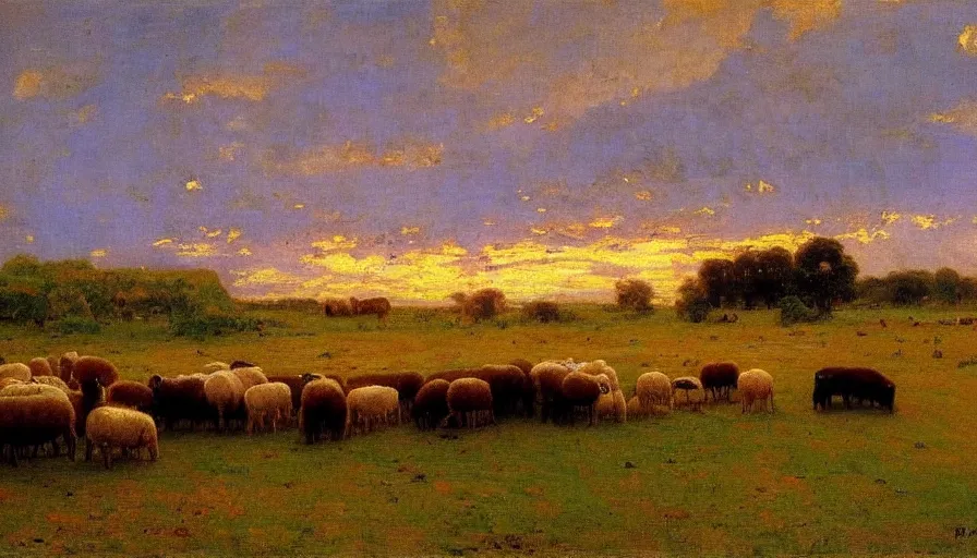 Prompt: wide scene of sheep in a meadow at sunset, by ilya repin