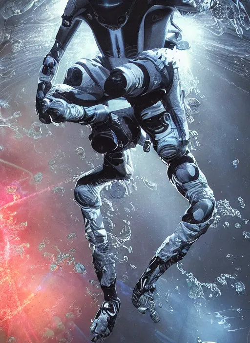 Image similar to astronauts in dark and empty void underwater - complex and hyperdetailed technical suit. reflection and dispersion materials. rays and dispersion of light. volumetric light. 5 0 mm, f / 3 2. noise film photo. flash photography. ultra realistic, wide angle. poster by wayne barlowe, hajime sorayama aaron horkey, craig mullins