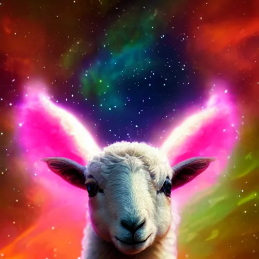 Image similar to portrait from a lamb, feathers, bird, avian, wings, synthwave, universe background, nebula, galaxy, artstation