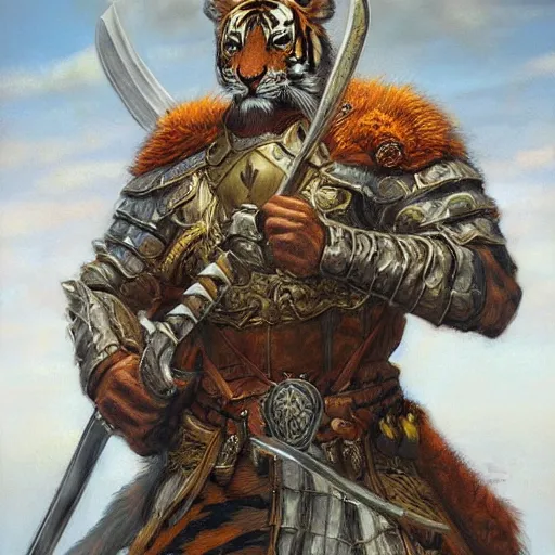 Image similar to Swordsman with the head of a tiger as a fantasy D&D character, portrait art by Donato Giancola and James Gurney, digital art, trending on artstation