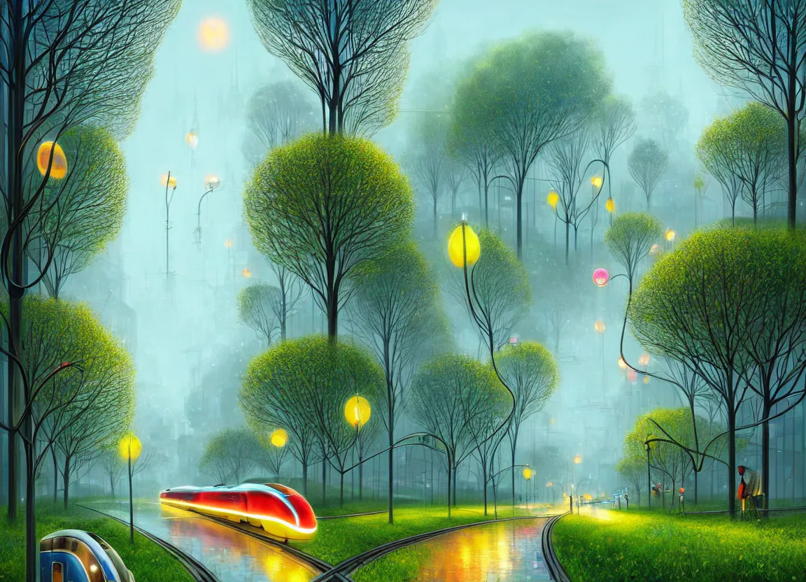 Prompt: beautiful city in spring with futuristic trains, metro, technology, utopia, houses, skyscraper overgrown with trees and plants. raining at night with light pole illuminate the patch, nice color scheme, warm colour. beautiful artistic digital artwork by artist lurid. ( 2 0 2 2 ), gediminas pranckevicius