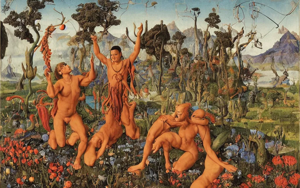 Image similar to a portrait photograph of a meditating satyr and a centaur monk riding a rocket machine and hunting at a river delta. surrounded by bulbous flowers and trees. mountain range under a blue sky of fiery stars. by jan van eyck, max ernst, ernst haeckel, ernst fuchs and artgerm, cgsociety, fashion editorial, 8 k