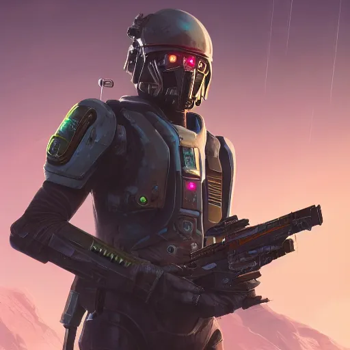 Prompt: a digital painting of an intergalactic bounty hunter, sci - fi, hyper realistic, full of details, octane render, 4 k, unreal engine, in the style of greg rutkowski
