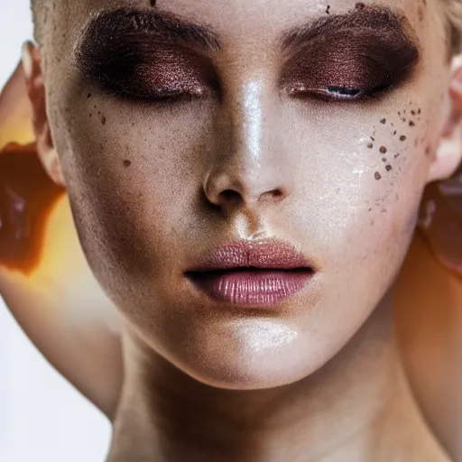 Prompt: fashion model with head and face covered in liquid honey, studio lighting, ultra detail, photograph