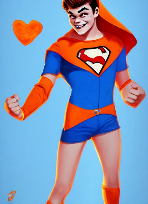 Image similar to friendly teenage archie andrews wearing an orange superhero costume with heart logo, heart, freckles, blue cape, heart emblem on chest, blue cape, intricate, elegant, glowing lights, highly detailed, digital painting, artstation, sharp focus, illustration, art by wlop, mars ravelo and greg rutkowski