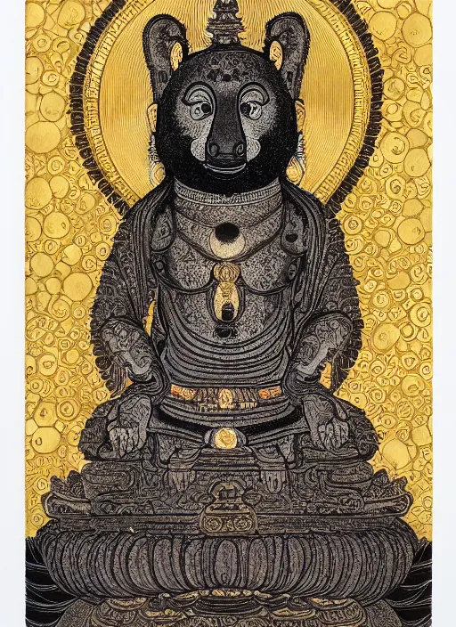 Prompt: detailed pen and ink art of an anthropomorphic asian black bears head on Buddhist bodhisattva body, seated in royal ease, 0.1 black micron pen on white paper, gilded gold halo behind head, 24K gold leaf, reflective, beautiful, highly detailed, fine pen work, white background