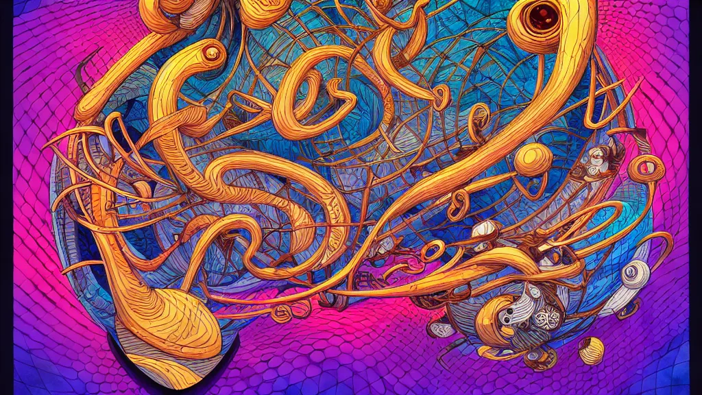 Image similar to twisted turn of fate abstraction, centered award winning ink pen illustration, isometric abstract illustration by dan mumford, edited by craola, technical drawing by joe fenton and tooth wu, tiny details by artgerm watercolor girl, symmetrically isometrically centered