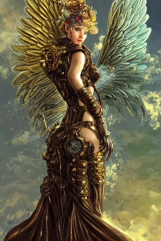 Prompt: character portrait of a steampunk angel, female, gear aurora, intricate, complex, ornamental, huge wings, metallic body, golden eyes, metropolis background, science fantasy, high fantasy, by Akihiko Yoshida, James_Jean_Andrei_Riabovitchev_Marc_Simonetti, Yoshitaka Amano, digital illustration, artstation