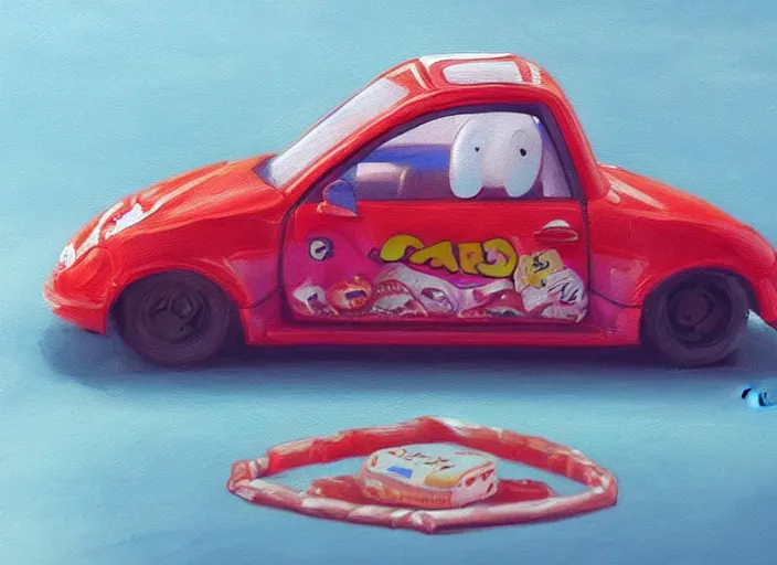 Image similar to concept design of cute candy cars for a aaa game, must be made by types of candy the car, oil painting by eren arik and jama jurabaev, extremely detailed, brush hard, artstation, high quality, brush stroke