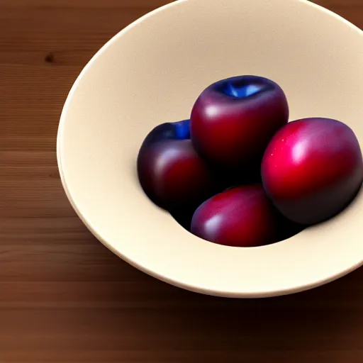 Prompt: concept art of a single thick porcelain bowl filled with a few moist freshly picked plums on a wooden table. volumetric lighting. 4 k. small scale. artistic. top down.