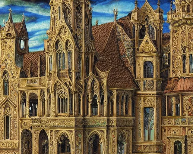 Prompt: gothic mansion, ornate, magical, elegant, artwork, paint, complimentary - colors, by carlo crivelli