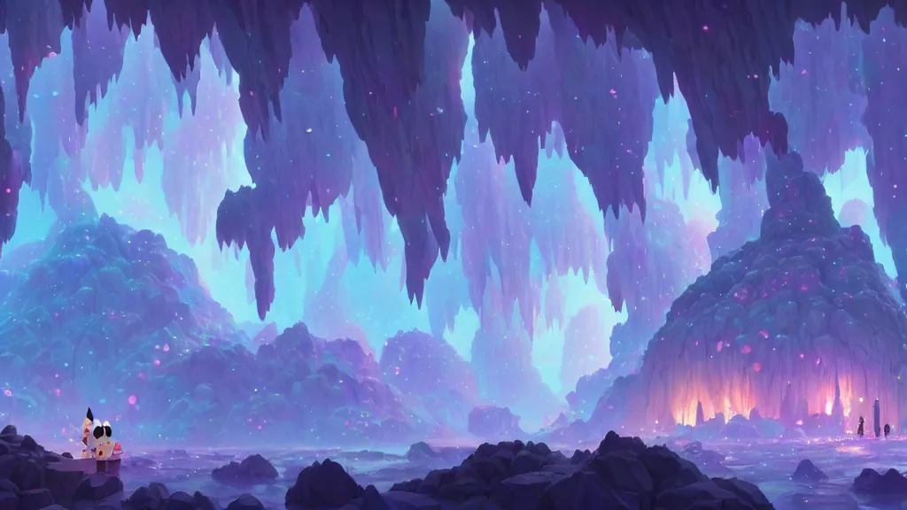 Image similar to crystal cave, clusters of crystals, studio ghibli, pixar and disney animation, sharp, rendered in unreal engine 5, highly detailed, digital painting, artstation, concept art, smooth, sharp focus, illustration, wide angle, artbook, wallpaper, splash art, promo art, dramatic lighting, art by artgerm and greg rutkowski and bo chen and jin xiaodi