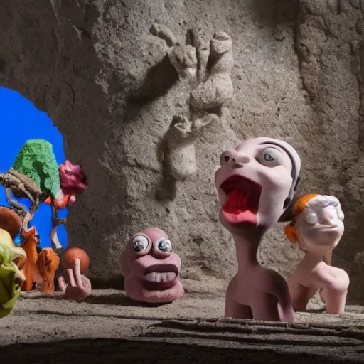 Prompt: a claymation film still of a collection of stone / animism / ethnographic museum / claymation by jeff koons