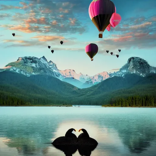 Image similar to photo of two black swans swimming in a beautiful reflective mountain lake, touching heads, forming a heart with their necks, a colorful hot air balloon is flying above the swans, hot air balloon, intricate, 8k highly professionally detailed, HDR, CGsociety