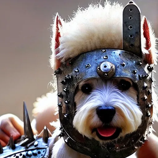 Image similar to “ west highland terrier clad in iron armor with spikes, with a gun glued to his head. ”