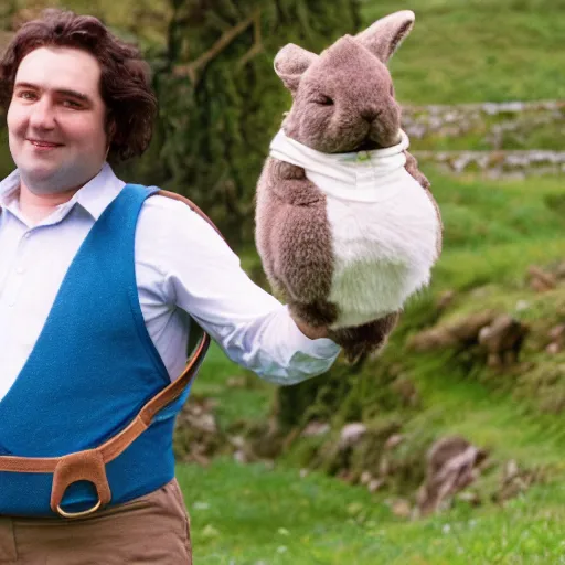 Prompt: clean shaven pudgy British lad with short curly dark brown hair as a hobbit wearing a white men's crossbody sling chest bag and blue vest standing next to a giant rabbit, blue vest! white crossbody chestbag! high resolution film still, movie by Peter Jackson