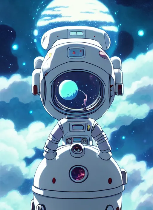 Image similar to portrait of cute kawaii astronaut android floating around a large biomechanical kaiju dragon, nebulous background of dynamic space, a dramatic composition by wlop and greg rutkowski and makoto shinkai and studio ghibli and kyoto animation cute bubbly clothing