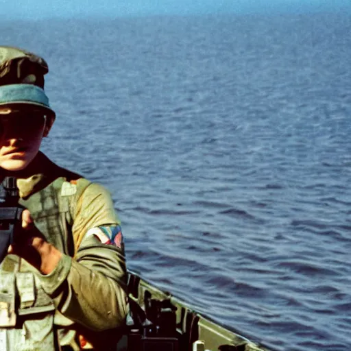 Image similar to film still, far view, landscape, emma watson soldier portrait close up in foreground, vietnam patrol boat, kodak ektachrome, blue tint expired film,