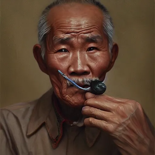 Prompt: a sad old chinese man with his pipe in his mouth, high quality, high resolution,detailed, oil painting by wlop