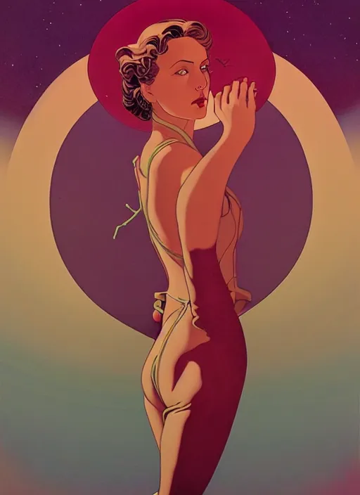 Prompt: poster artwork by michael whelan and tomer hanuka, portrait of beautiful sensual dancer in the clouds of jupiter, clean, art deco