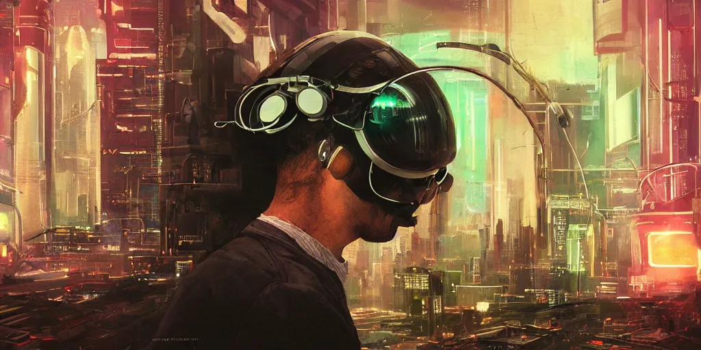 Prompt: a man in a helmet with headphones and glasses with leds, cyberpunk art by stanley kubrick, trending on cgsociety, retrofuturism, reimagined by industrial light and magic, darksynth, sci - fi