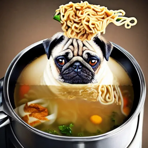 Image similar to An adorable pug sitting in a pot of ramen noodle soup atop a stove, high resolution photograph