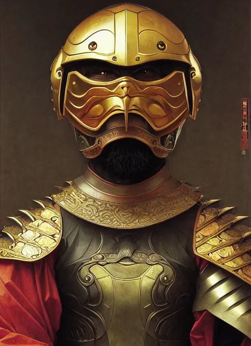 Image similar to portrait of hide the pain harold in a chinese dragon in armor and helmet, majestic, solemn, symmetrical, detailed intricate, hyper realistic, by bouguereau