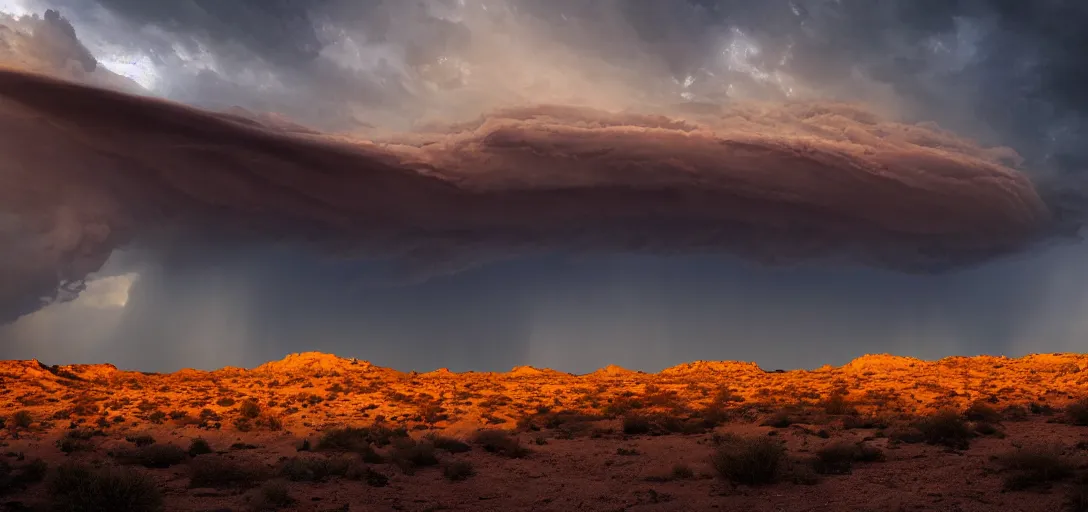 Image similar to a beautiful picture of a dark distant thundercloud in a desert, shelf cloud, intricate detail, impending doom, sunset, serene, volumetric lighting, volumetric clouds, 8 k, hyperrealistic, digital art trending on artstation