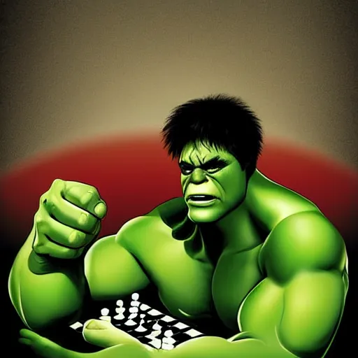 Hulk thinking next move in a chess game while touching his chin