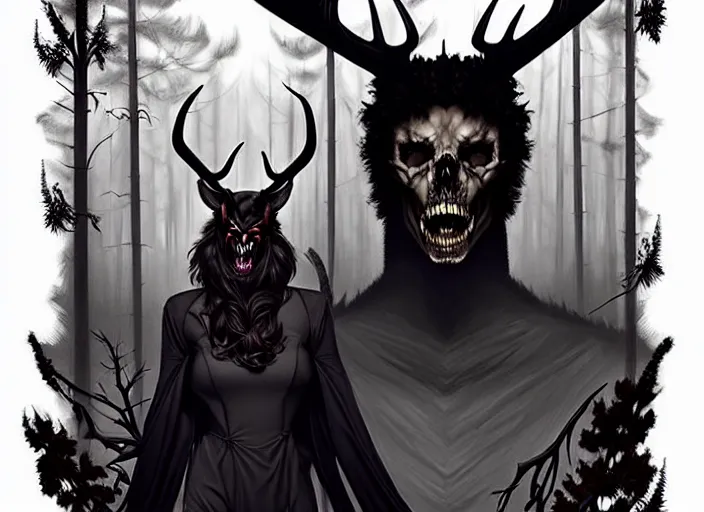 Prompt: style artgerm, joshua middleton, steve niles, diego fazio, j. c. leyendecker : : scary wendigo with antlers and skull face mixed with werewolf : : [ beautiful witch wearing a black dress, symmetrical face, on the right side ] : : in the forest, detailed, dark and foggy, cinematic lighting