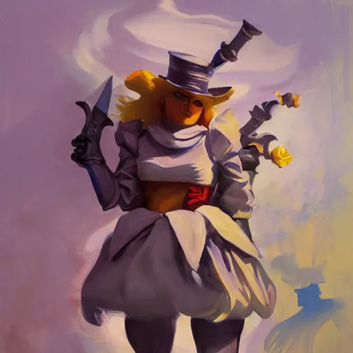 Image similar to greg manchess portrait painting of partially armored alice from alice in wonderland as overwatch character, medium shot, asymmetrical, profile picture, organic painting, sunny day, matte painting, bold shapes, hard edges, street art, trending on artstation, by huang guangjian, gil elvgren, ruan jia, randy vargas, greg rutkowski