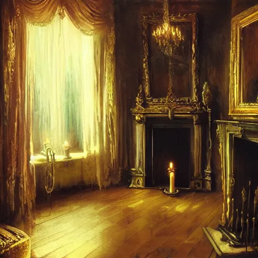 Image similar to grimshaw painting, vampire, candles, mansion, dim room, fireplace, gothic.