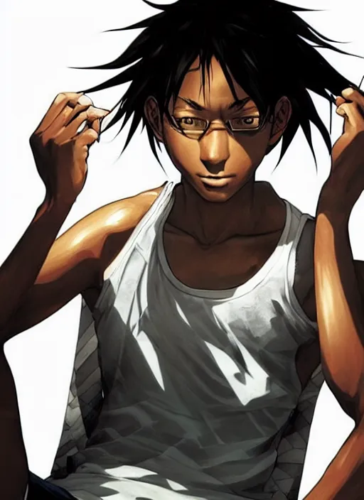 Prompt: character illustration illustrated by shigenori soejima, bald african-american male teenager wearing a white tank-top, cyberpunk, emotional lighting