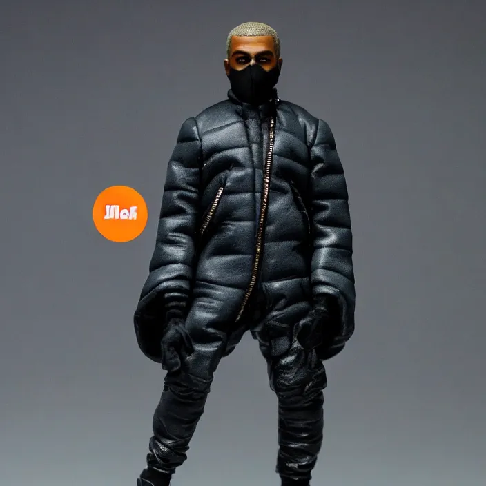 Image similar to a action figure of kanye west using a full face covering black mask, a small, tight, undersized reflective bright blue round puffer jacket made of nylon, dark jeans pants and big black balenciaga rubber boots, figurine, detailed product photo