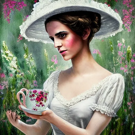 Image similar to painting on washed out on worn out canvas rough textured canvas wall full body fashion model emma watson smokey eyes makeup eye shadow fantasy, glow, shimmer as victorian woman in a long white frilly lace dress and a large white hat having tea in a sunroom filled with flowers, roses and lush fern flowers ,intricate, night, highly detailed, dramatic lighting , high quality