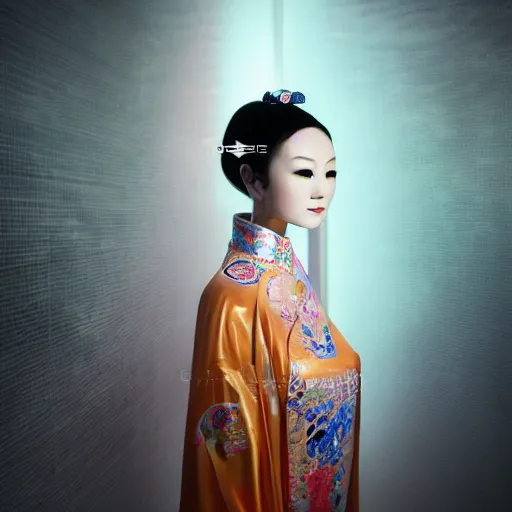 Image similar to photo shoot pose photo of beautiful realistic Chinese ancient princess standing in the corridor in the space ship, attractive symmetrical face, big eyes and lips, subtle makeup, clean face and body skin,ecstatic face expression, ornamental jewelry and ancient translucent clothes, futuristic space ship interrior, wires with lights,depth of field, lens flare, moody lighting, moody photography, old photo, black and white, sepia, cinematic lighting, cinematic angle, editorial photography