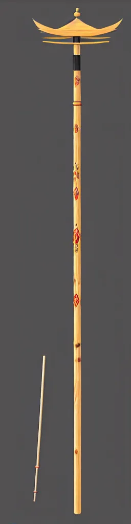 Image similar to single wooden long straight thin ninja fighting staff with oriental ornaments, weapon, highlight, vertical, centred, highly symmetric, sci - fi, fantasy, japan, dnd, close shot, bright uniform background, directional lighting, digital art, hyperrealism, award winning, 8 k