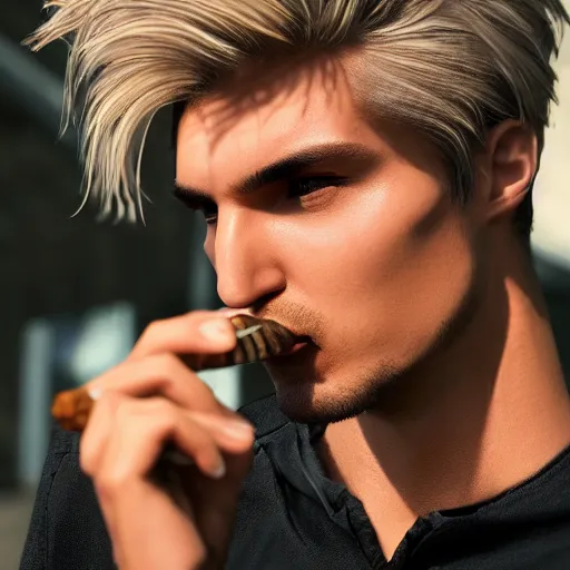 Image similar to a closeup photo of handsome gigachad xqc smoking a cigar, 8k photorealism, extremly detailed, trending on artstation